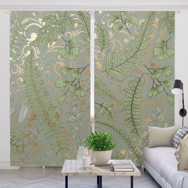 Green and Gold Fern Pattern Blackout Curtains (Living Room)