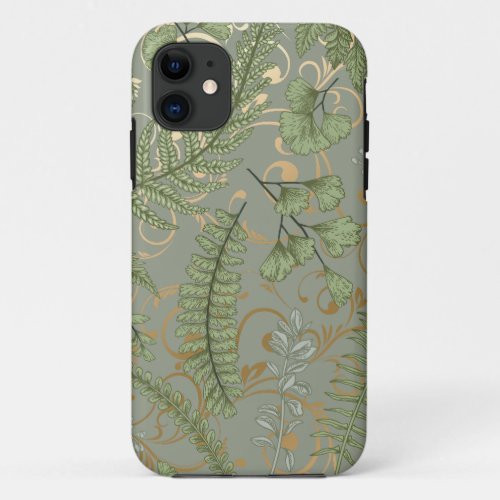 Green and Gold Fern Pattern iPhone 11 Case