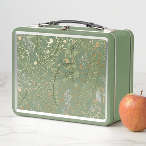 Green and Gold Fern Pattern Metal Lunch Box