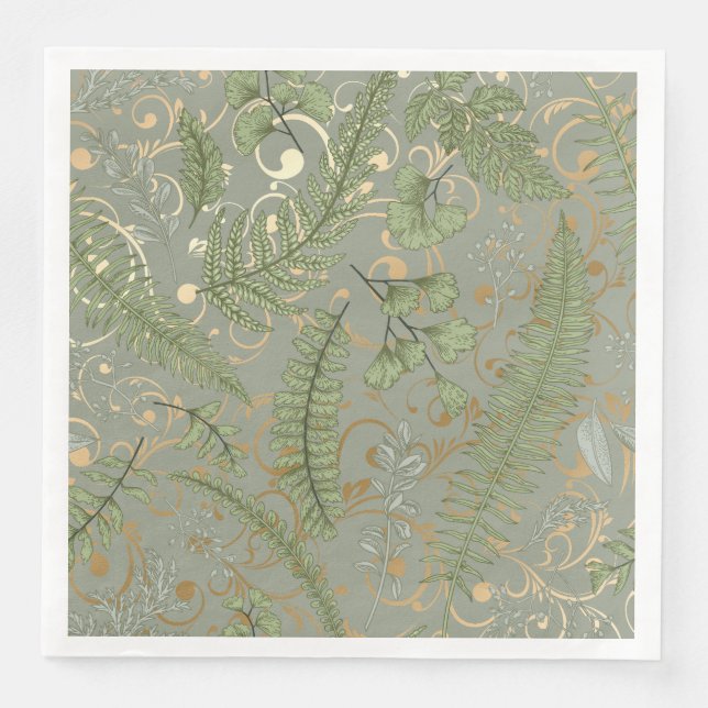 Green and Gold Fern Pattern Paper Dinner Napkins (Front)