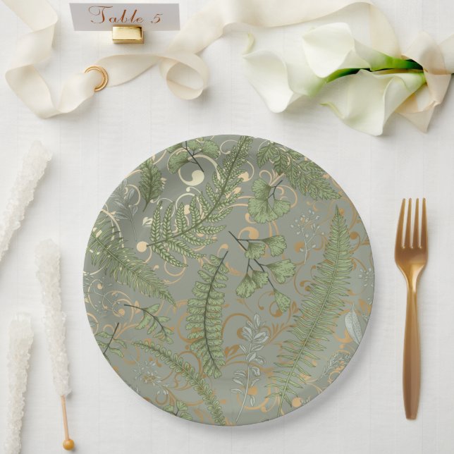 Green and Gold Fern Pattern Paper Plates (Wedding)