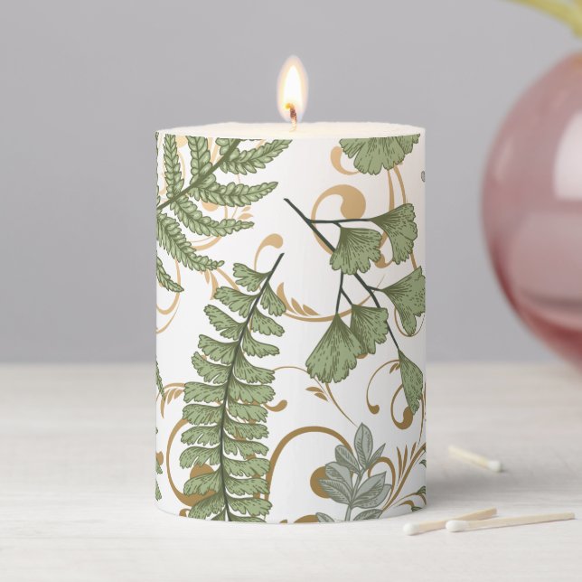 Green and Gold Fern Pattern Pillar Candle (In Situ)