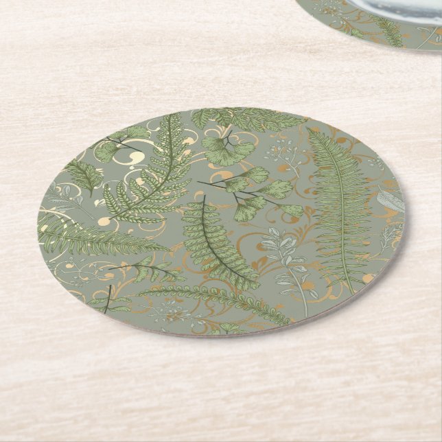 Green and Gold Fern Pattern Round Paper Coaster (Angled)