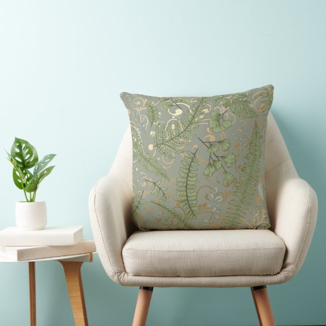 Green and Gold Fern Pattern Throw Pillow (Chair)