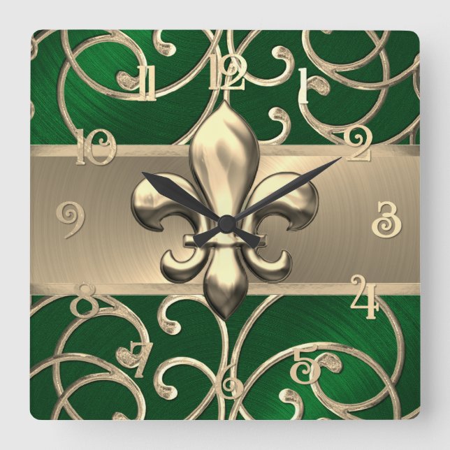 Green and Gold Filigree Swirls Fleur de Lis Square Wall Clock (Front)