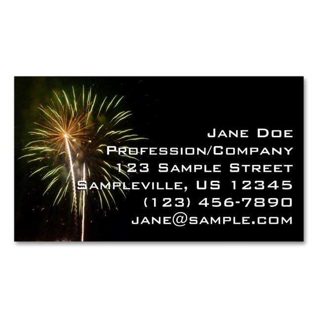 Green and Gold Fireworks Holiday Celebration Business Card Magnet (Front)