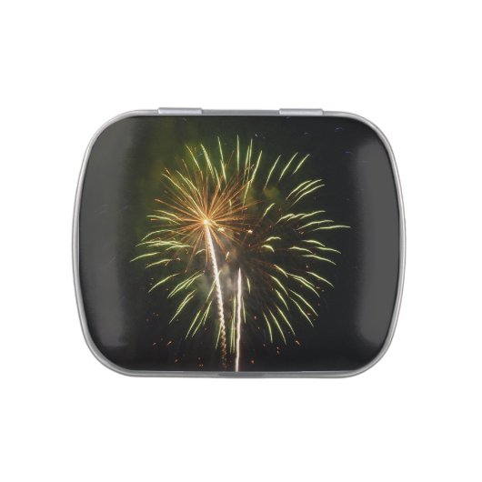 Green and Gold Fireworks Holiday Celebration Candy Tin (Top)