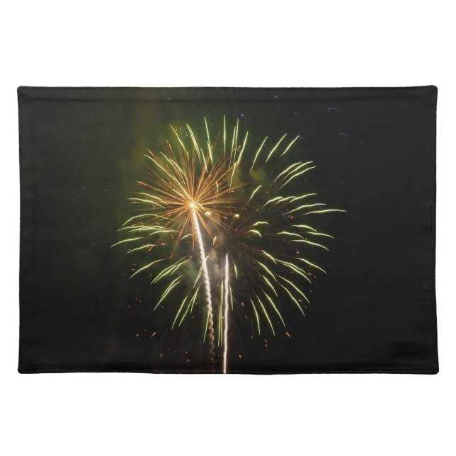 Green and Gold Fireworks Holiday Celebration Cloth Placemat (Front)