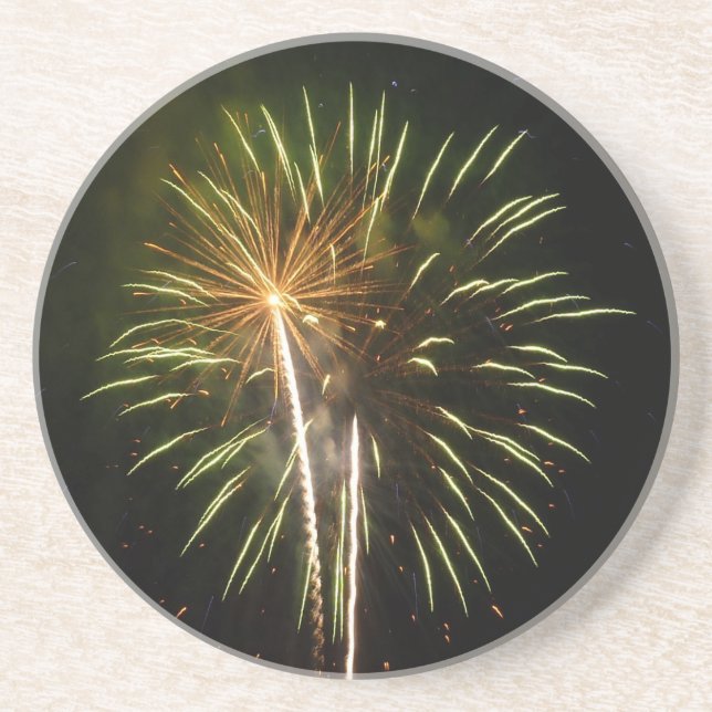 Green and Gold Fireworks Holiday Celebration Coaster (Front)