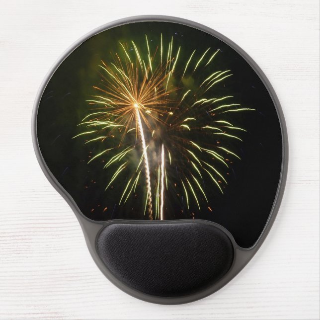 Green and Gold Fireworks Holiday Celebration Gel Mouse Pad (Front)