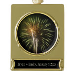 Green and Gold Fireworks Holiday Celebration Gold Plated Banner Ornament