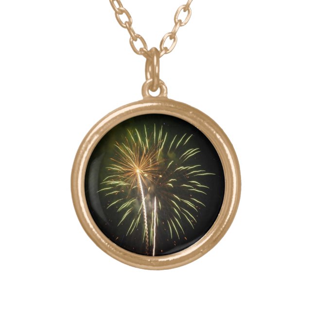 Green and Gold Fireworks Holiday Celebration Gold Plated Necklace (Front)
