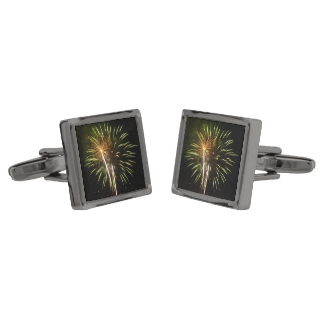 Green and Gold Fireworks Holiday Celebration Gunmetal Finish Cufflinks (Angled)
