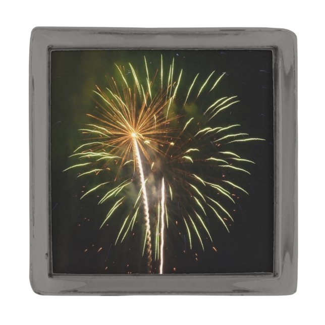 Green and Gold Fireworks Holiday Celebration Gunmetal Finish Lapel Pin (Front)