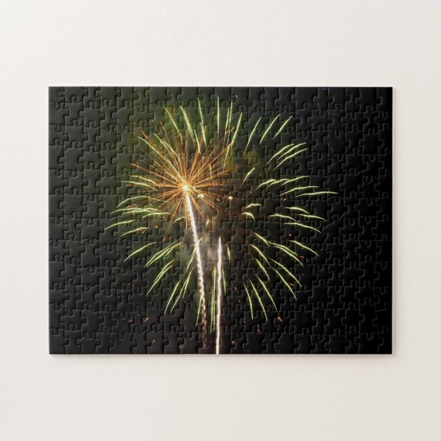 Green and Gold Fireworks Holiday Celebration Jigsaw Puzzle (Horizontal)