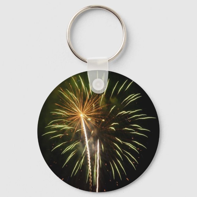 Green and Gold Fireworks Holiday Celebration Keychain (Front)