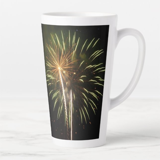 Green and Gold Fireworks Holiday Celebration Latte Mug (Right)
