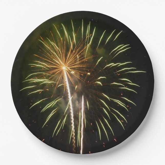 Green and Gold Fireworks Holiday Celebration Paper Plates (Front)