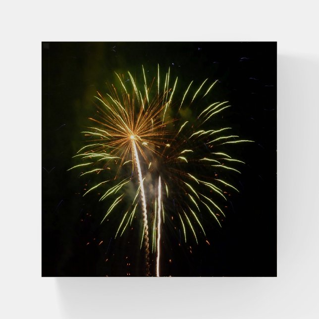 Green and Gold Fireworks Holiday Celebration Paperweight (Front)