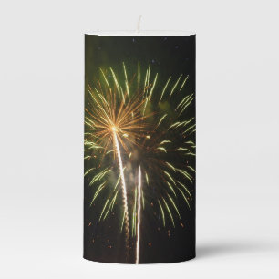 Green and Gold Fireworks Holiday Celebration Pillar Candle