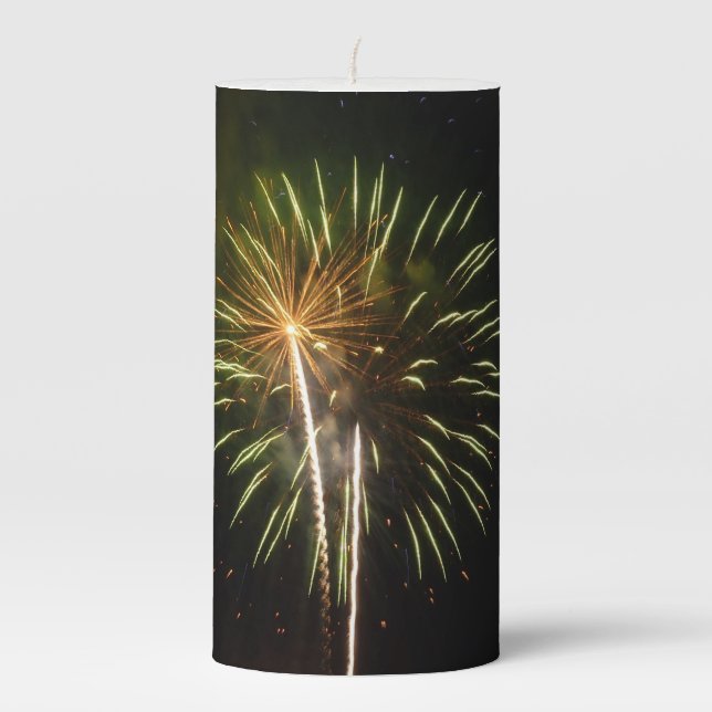 Green and Gold Fireworks Holiday Celebration Pillar Candle (Front)
