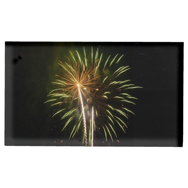 Green and Gold Fireworks Holiday Celebration Place Card Holder (Front)