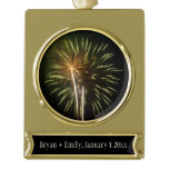 Green and Gold Fireworks Holiday Celebration Plated Banner Ornament