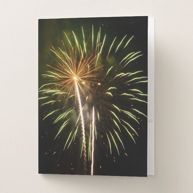Green and Gold Fireworks Holiday Celebration Pocket Folder (Front)