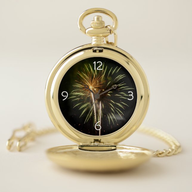 Green and Gold Fireworks Holiday Celebration Pocket Watch (Inside)