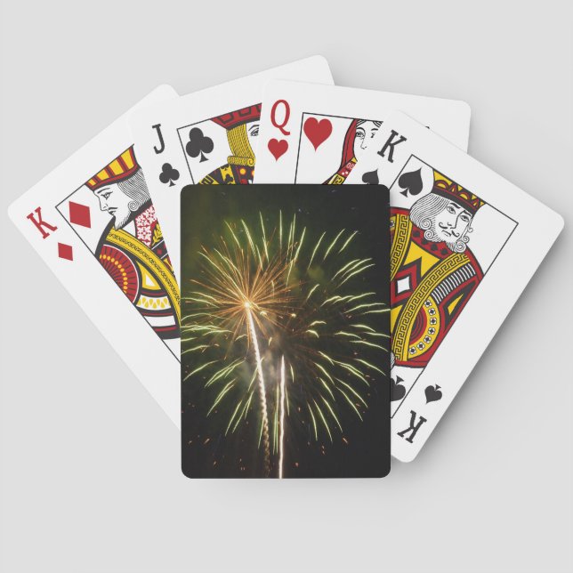 Green and Gold Fireworks Holiday Celebration Poker Cards (Back)