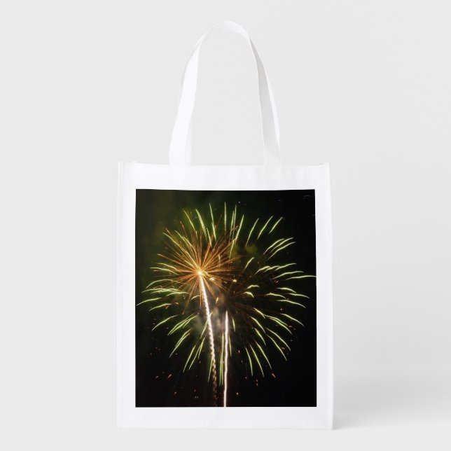 Green and Gold Fireworks Holiday Celebration Reusable Grocery Bag (Front)
