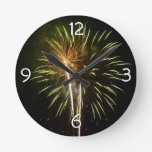 Green and Gold Fireworks Holiday Celebration Round Clock