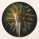 Green and Gold Fireworks Holiday Celebration Round Paper Coaster