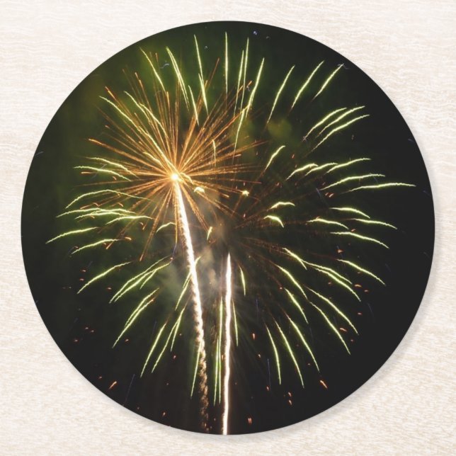 Green and Gold Fireworks Holiday Celebration Round Paper Coaster (Front)