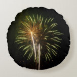 Green and Gold Fireworks Holiday Celebration Round Pillow