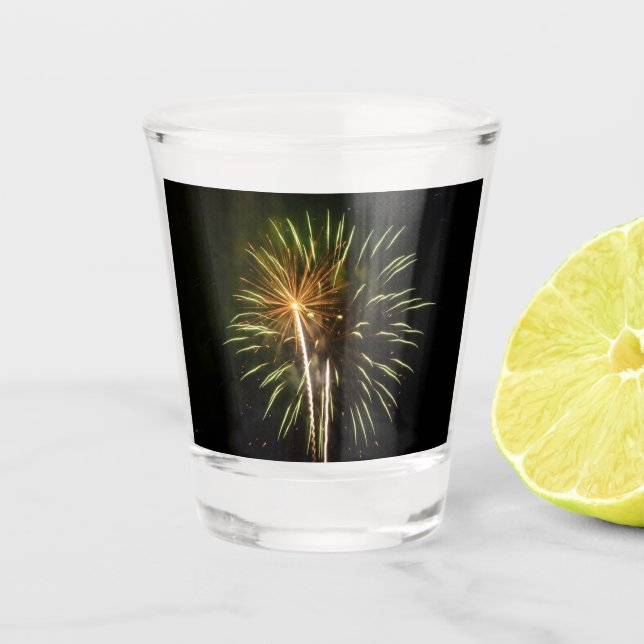 Green and Gold Fireworks Holiday Celebration Shot Glass (Front)