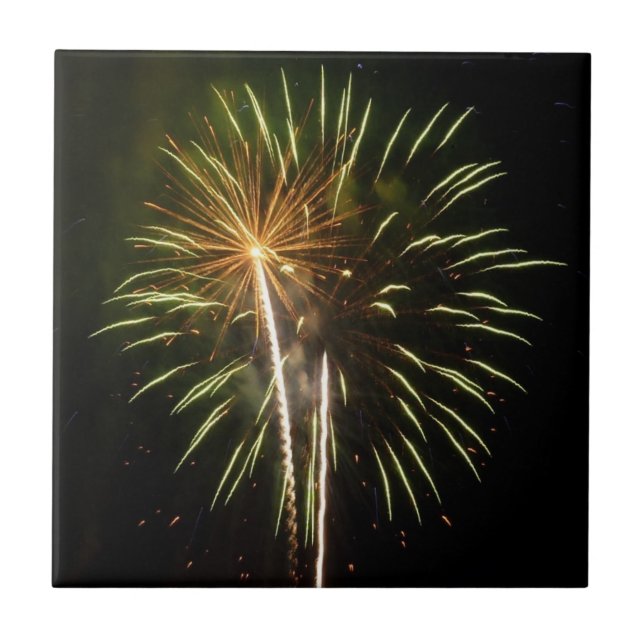 Green and Gold Fireworks Holiday Celebration Tile (Front)