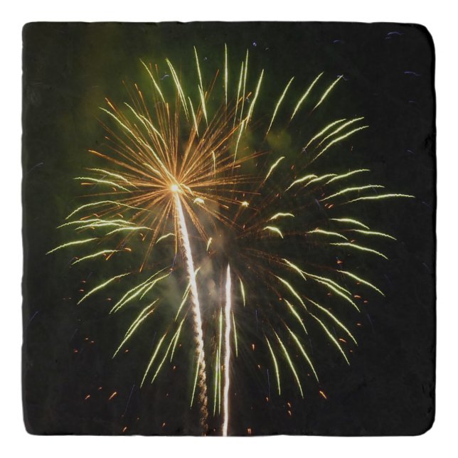 Green and Gold Fireworks Holiday Celebration Trivet (Front)