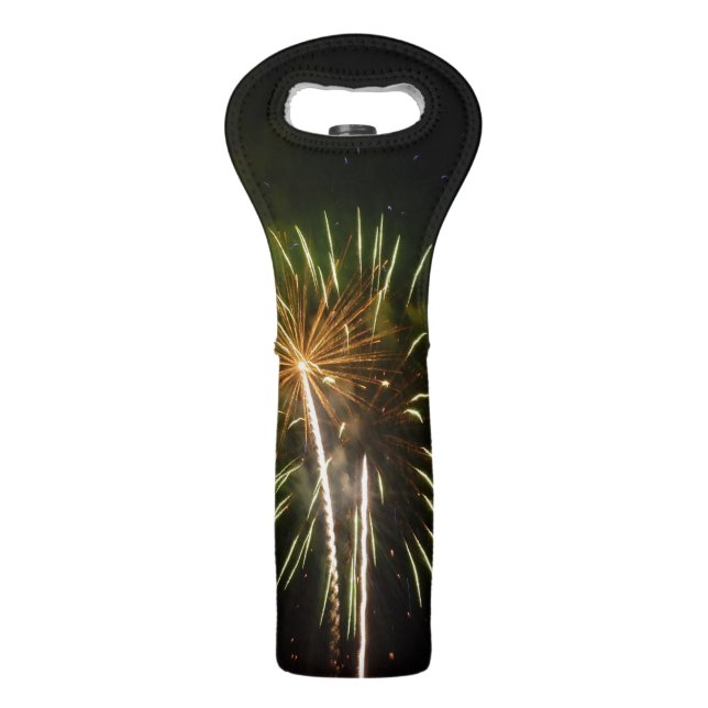 Green and Gold Fireworks Holiday Celebration Wine Bag (Front)
