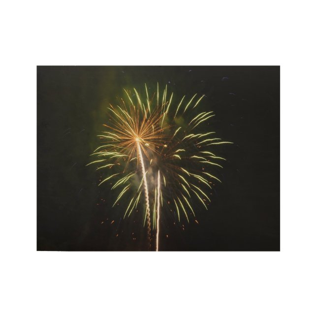 Green and Gold Fireworks Holiday Celebration Wood Poster (Front)
