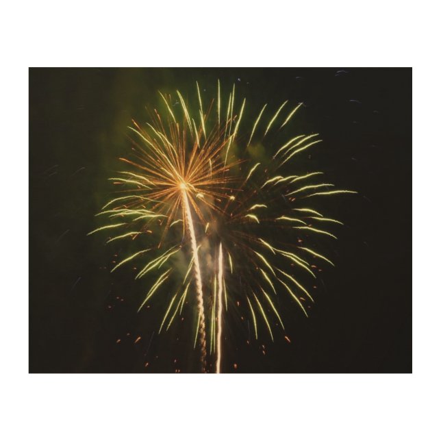 Green and Gold Fireworks Holiday Celebration Wood Wall Art (Front)
