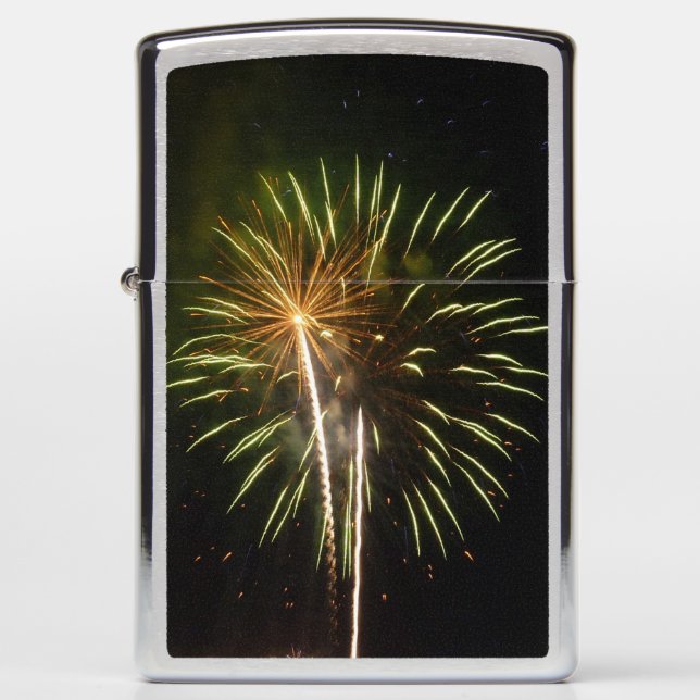 Green and Gold Fireworks Holiday Celebration Zippo Lighter (Front)
