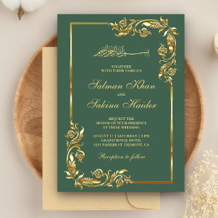 Green and Gold Floral Border Islamic Wedding Invitation