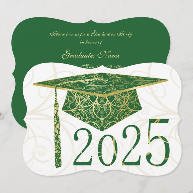 Green and Gold Floral Cap 2025 Graduation Party Invitation (Front/Back)