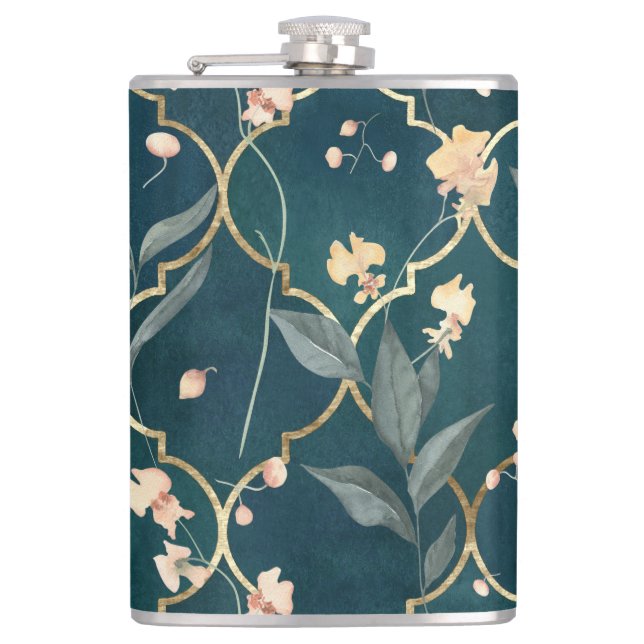 Green and Gold Floral Flask (Front)