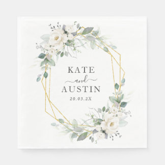 green and gold floral geometric greenery wedding napkins
