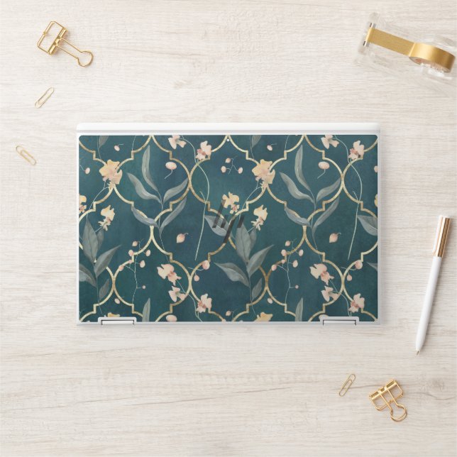 Green and Gold Floral HP Laptop Skin (Desk)