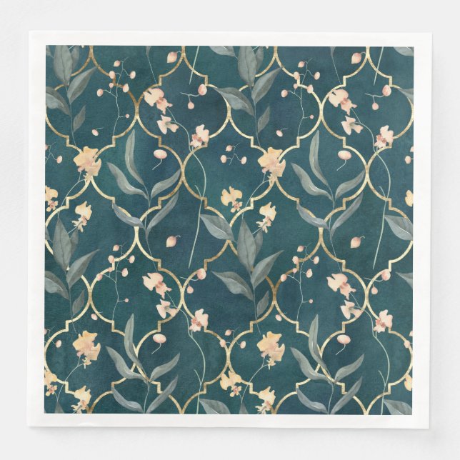 Green and Gold Floral Paper Dinner Napkins (Front)