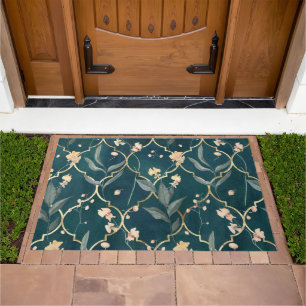 Green and Gold Floral Pattern Doormat