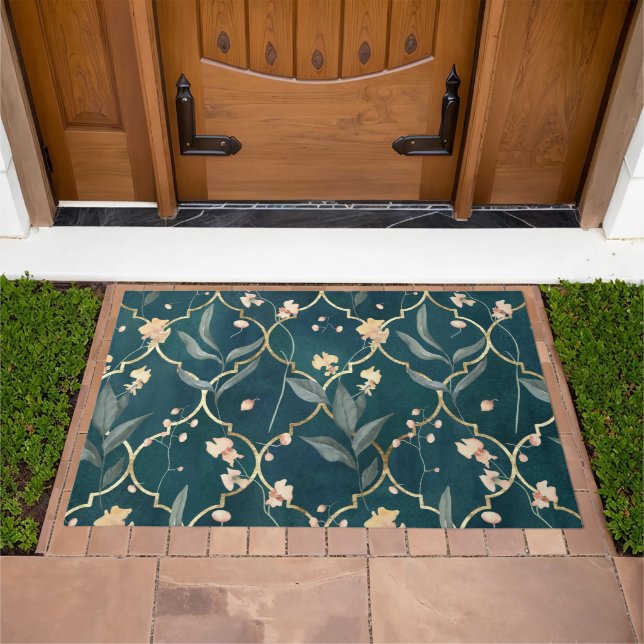 Green and Gold Floral Pattern Doormat (Outdoor)